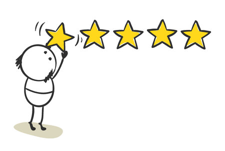 Five stars. Funny man leaves his review, vector illustration.のイラスト素材