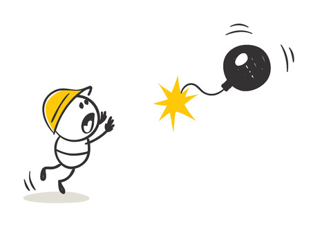 Incident. Funny man accidentally dropped a bomb, vector illustration.のイラスト素材