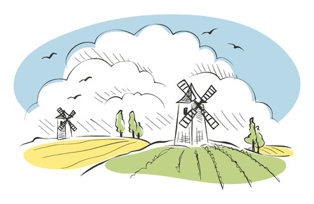 Rural Landscape. Mills in the field, vector illustrationのイラスト素材