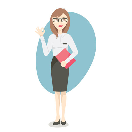 Girl in business. Young woman in business clothes shows approval gesture, vector illustration.のイラスト素材