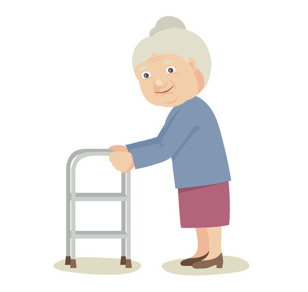 Grandmother with a cane. Elderly woman with a walker, vector illustration.のイラスト素材
