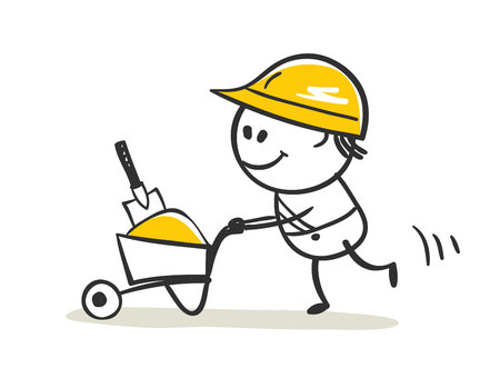Working. Vector illustration, little man with a builder wheelbarrow, funny charactersのイラスト素材