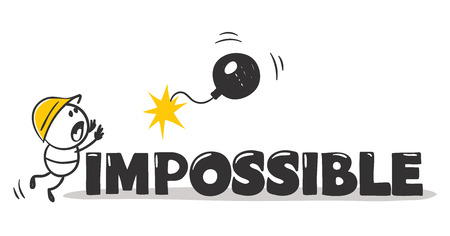 Impossible. Funny man destroys obstacles to the goal, vector illustration.のイラスト素材