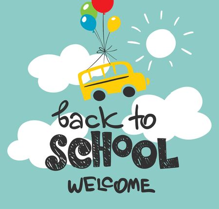 Back to school / Vector illustration with school bus and balls on sky background