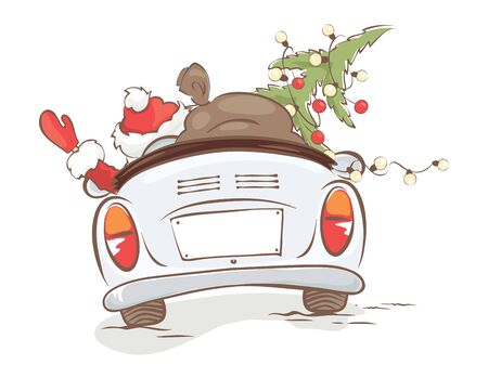 Santa hurries to bring gifts. Christmas grandfather with a bag and a Christmas tree in a convertible car, vector illustration.のイラスト素材