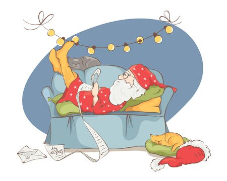 Christmas wishes. Santa reading a letter. Santa Claus on the couch in pajamas with catsのイラスト素材
