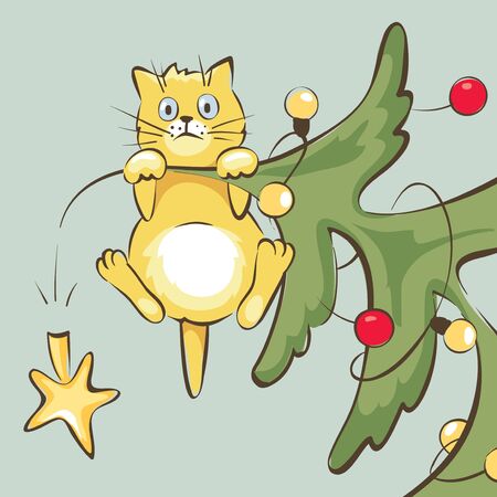 Cat on the christmas tree / Vector illustration, funny cat climbed onto the top and hungのイラスト素材