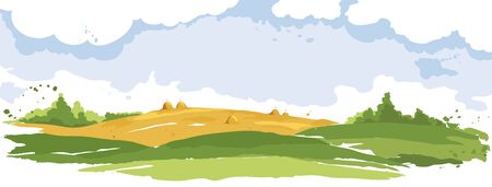 Abstract rural landscape. Watercolor illustration, wheat fields and meadowsのイラスト素材