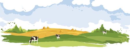 Abstract rural landscape with cows. Watercolor illustration, wheat fields and meadowsのイラスト素材