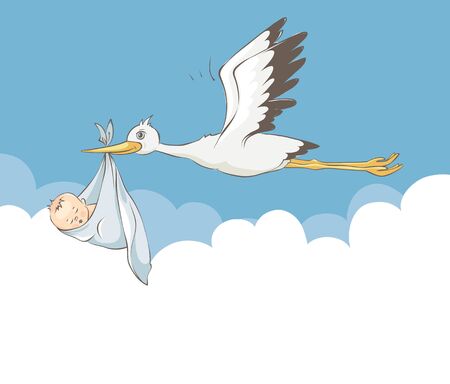 Stork bears baby. Vector illustration with a newborn baby.のイラスト素材