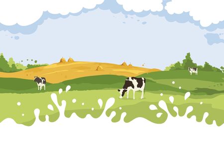 Abstract rural landscape with cows. Vector illustration, fields and meadows with milk dropsのイラスト素材
