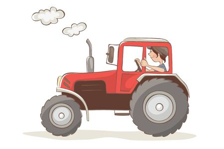 Cheerful tractor driver. Vector illustration, woman farmer rides in a red tractorのイラスト素材