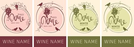 Wine labels with birds and grapes / Set vector illustration, floral design elementのイラスト素材