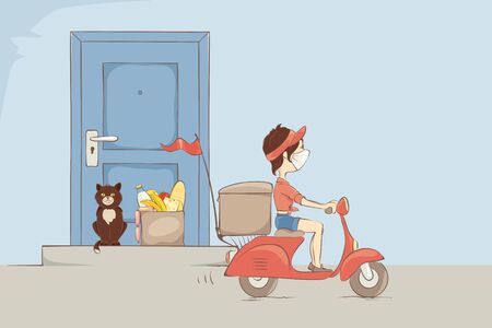 Ð¡ontactless food delivery. The girl on a scooter courier delivers products to doors, vector illustrationのイラスト素材