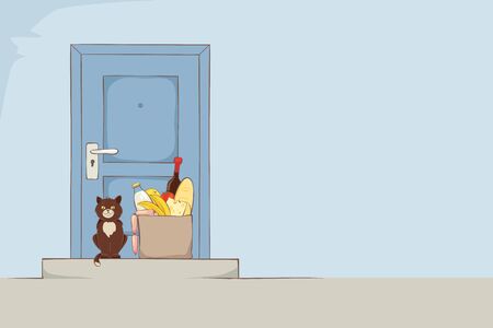 Ð¡ontactless food delivery. Products delivered to the door, vector illustration.のイラスト素材