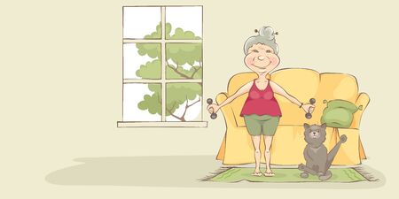 Exercise and stay at home. Elderly woman doing gymnastics along with a gray cat., vector illustration.のイラスト素材