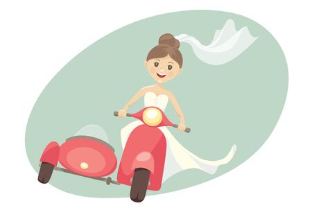 Funny bride on a scooter with sidecar. Vector illustration, card, girl hurries to the weddingのイラスト素材