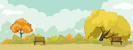 Abstract landscape -- autumn park. Watercolor vector illustration, seamless background with trees and benches.のイラスト素材