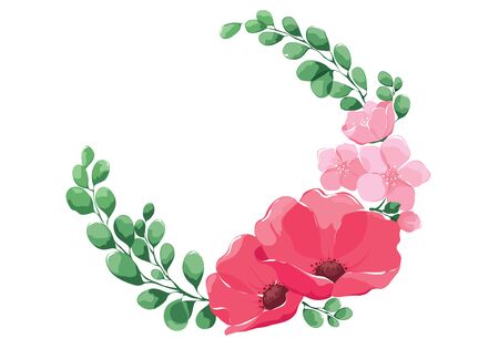 Wedding invitation, Floral card. Round watercolor frame of poppy flowers, cherries and leaves. Vector illustration.のイラスト素材