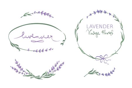 Frames for Wedding invitation. Set vector design elements, wreaths and bouquets of lavender.のイラスト素材