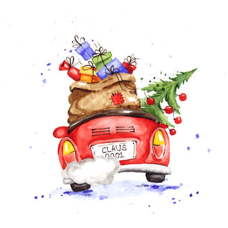 Santa hurries to bring gifts. Christmas card. Grandfather with a bag and a Christmas tree in a convertible car, watercolor illustration.の写真素材