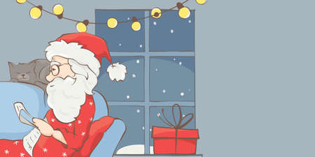 Santa reading a letter. Santa Claus on the couch in pajamas with cats , vector illustration, banner, background.のイラスト素材