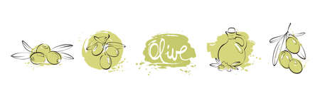 Olives. Watercolor background in berries for a logotype or label. Set vector design elements.のイラスト素材