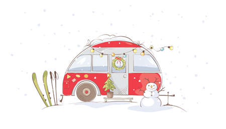 Winter travel in a house on wheels / Funny red house on wheels in winter landscape, vector illustrationのイラスト素材