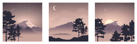 Abstract landscape with mount fuji / Vector illustration, three square background, starlight night, collection japanese landscape with pine trees in the foreground. EPS 10.のイラスト素材