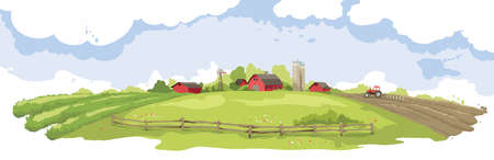 Abstract landscape -- american farm / Vector illustration, rural view -- fields and meadows.のイラスト素材