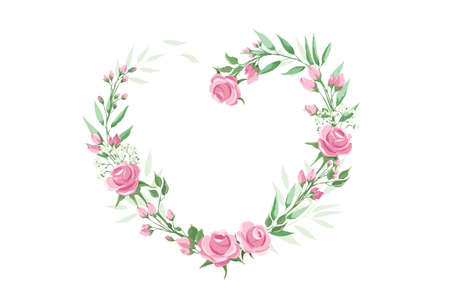 Green leaves and roses - heart shape. Valentine's day card. Vector illustration -- frames, corners or vignettes for decorating postcards. Watercolor style.のイラスト素材