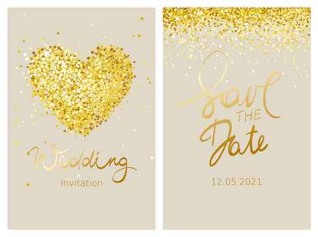 Wedding invitation set. Gold confetti heart. Vector illustration, postcard with shiny elements.のイラスト素材