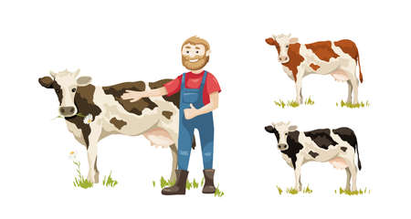 Cheerful farmer with a cow. Vector illustration, dairy farm, set of multicolored spotted cows.のイラスト素材