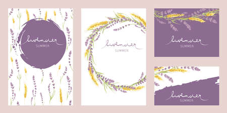Cards for Wedding invitation. Set vector design elements, wreaths of lavender and wheat ears, calligraphy lettering.のイラスト素材
