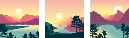Swedish nature landscapes with mountains and pines. Three vector illustrations. Orange sunset.のイラスト素材
