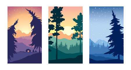 Fairy forest. Abstract landscape with mountains, firs and pines. Three vector illustrations.のイラスト素材