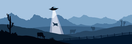 UFO Cow Abduction. Funny vector illustration, night landscape with field and cowsのイラスト素材