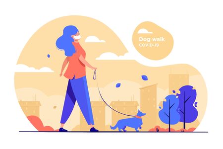 girl in a protective mask for a walk with her dog in a city parkのイラスト素材