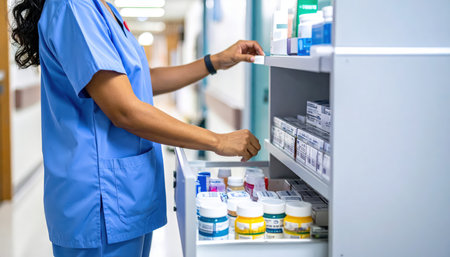 Midsection of male pharmacist standing near shelf with pills in pharmacyの素材