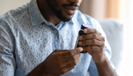 Close up of african american man checking blood sugar level with glucometer, copy spaceの素材
