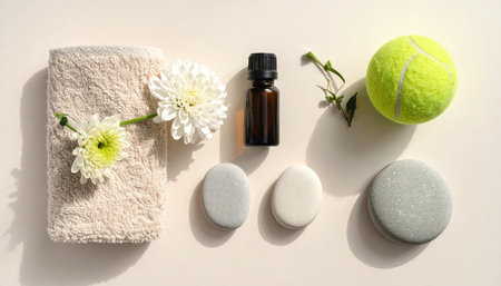 Spa still life with massage stones, flowers and essential oil on light backgroundの素材