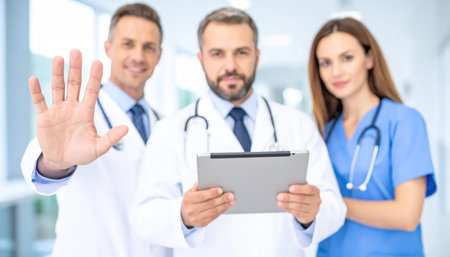 group of doctors with tablet pc showing stop gesture. focus on handの素材