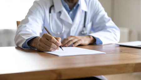 Close up of male doctor filling up medical form while sitting at his working place.の素材