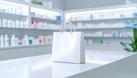 White shopping bag on the table in pharmacy drugstore blur background.の素材