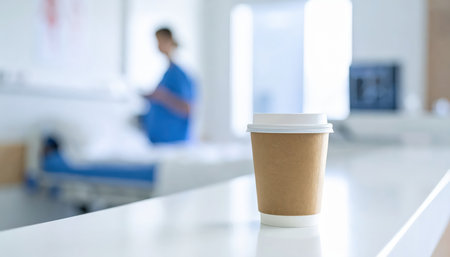 Paper cup of coffee on table in hospital room with blurred doctor in backgroundの素材