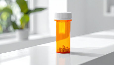 Bottle of pills on table, closeup. Health care conceptの素材