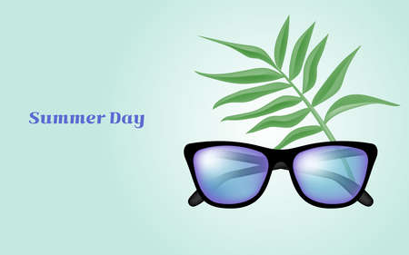 Blue background illustration with blue tint sunglasses and leaves.のイラスト素材