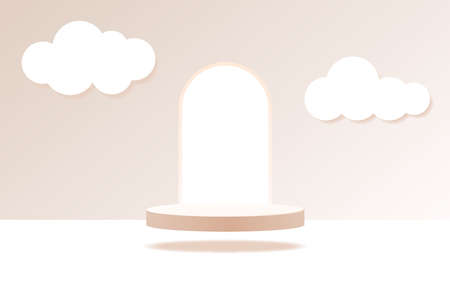 A circular stage and curved door floating in the air. a background of clouds floating in the skyのイラスト素材