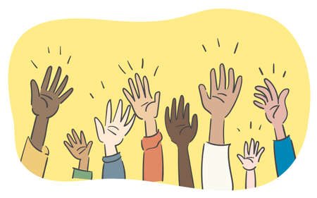Illustration of multiethnic people raising their arms and handsのイラスト素材