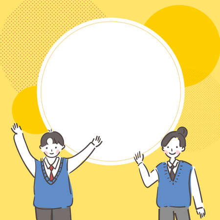 Two students in school uniforms and a circle frame.のイラスト素材